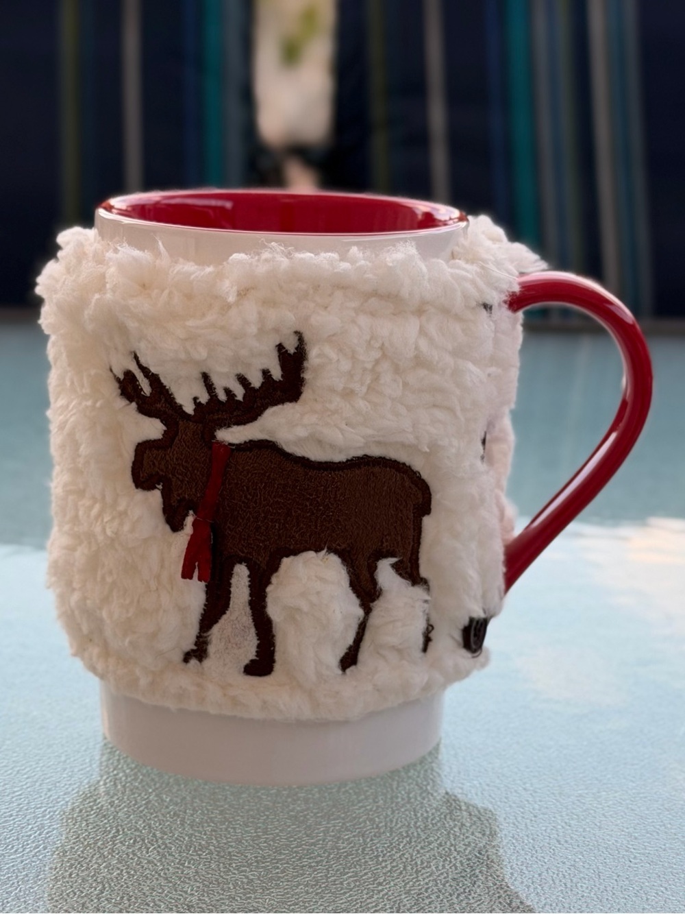 St. Nicholas Square Red & White Ceramic Mug with Faux Fur Moose Appliqué Sleeve